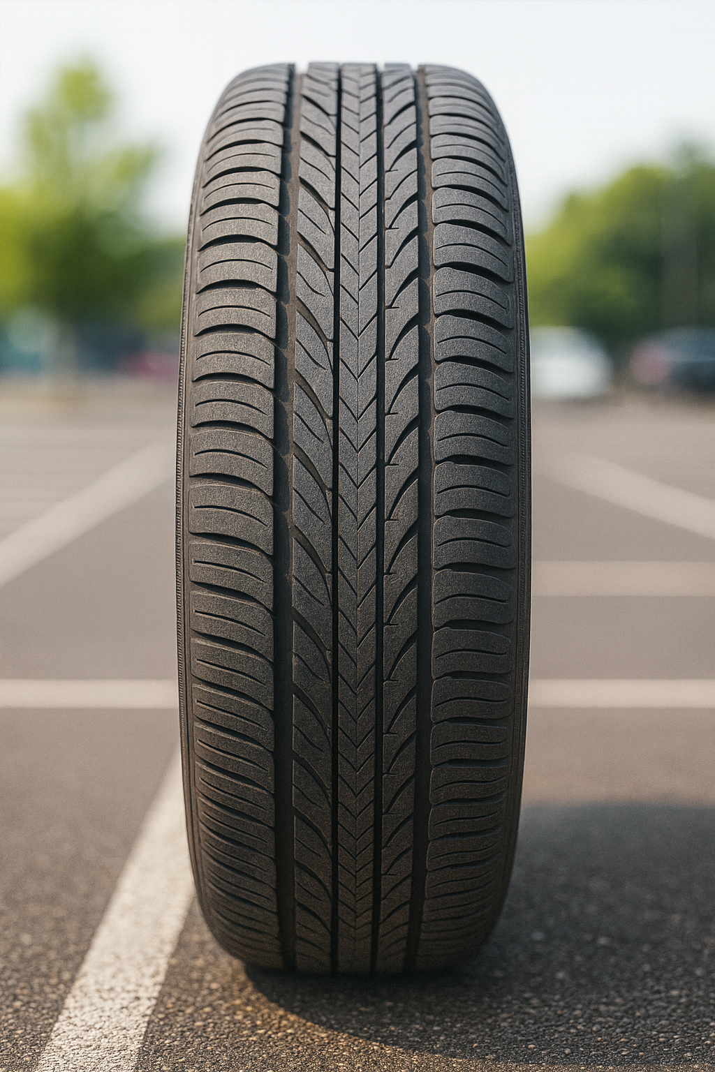 full treat view of tire in parking lot.